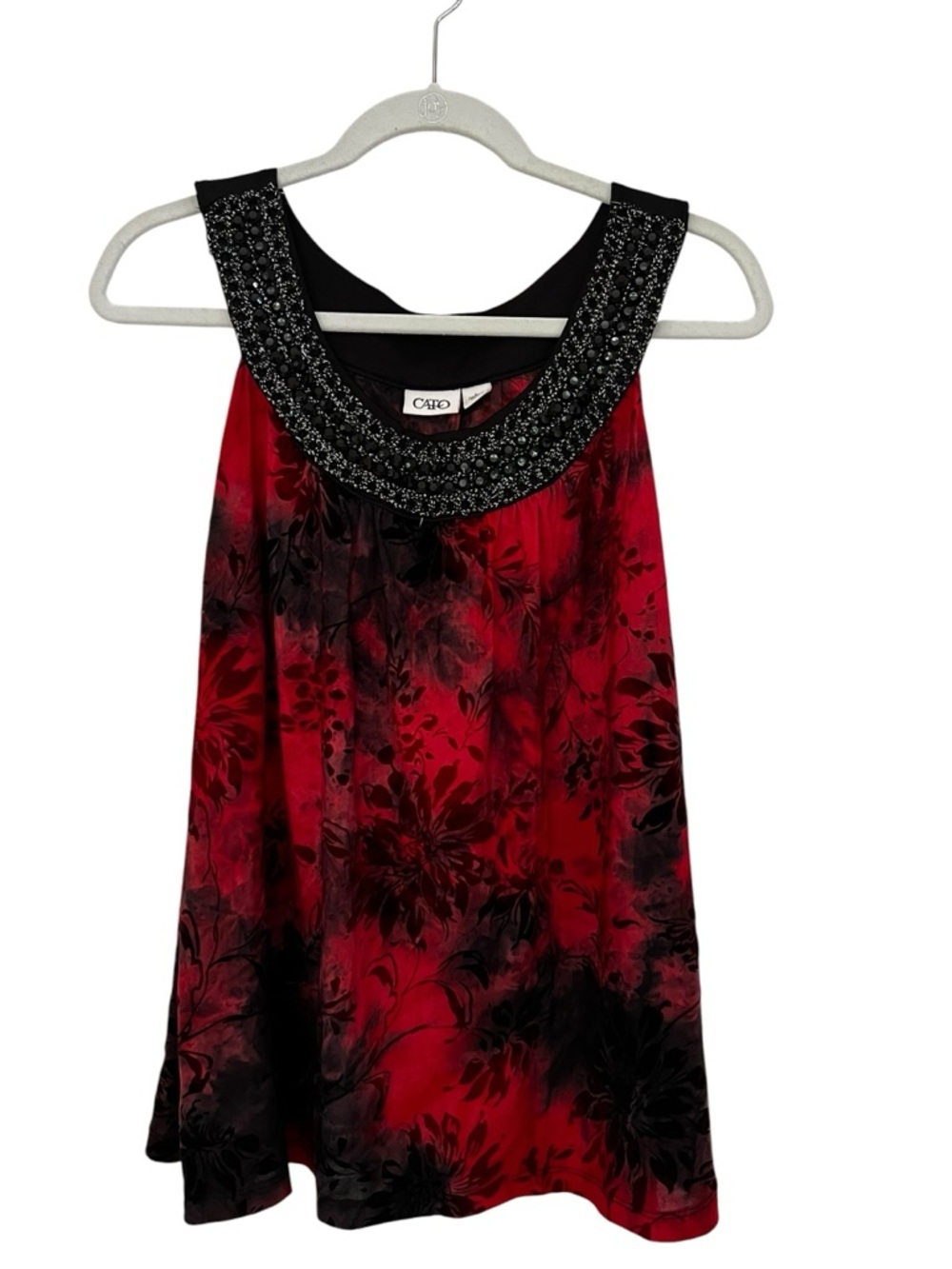 Cato Red and Black Floral Beaded Women’s Scoop Neck Tunic